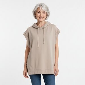 Planet By Lauren G Sleeveless Tan Cotton Hoodie Boxy Top Oversized OS (Box2)